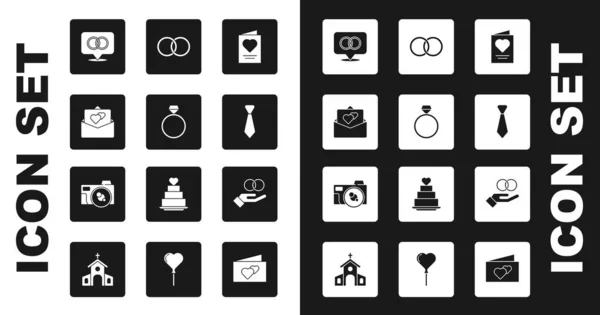 Set Greeting card, Diamond engagement ring, Wedding rings, Tie, and Photo camera icon. Vector — Stok Vektör