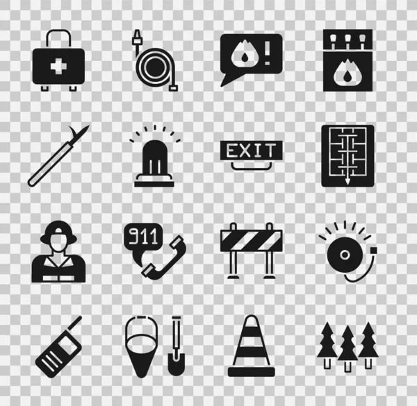 Set Forest, Ringing alarm bell, Evacuation plan, Telephone call 911, Metal pike pole, First aid kit and Fire exit icon. Vector – stockvektor