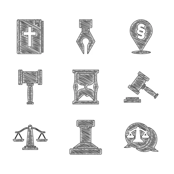 集《旧沙漏》、《邮票》、《公正的天平》、《格维尔法官》、《位置法》和《圣经》图标为一体。B.病媒 — 图库矢量图片