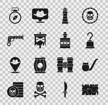 Set Pirate treasure map, Smoking pipe, hook, Lighthouse, flag, Vintage pistols, Compass and Alcohol drink Rum icon. Vector