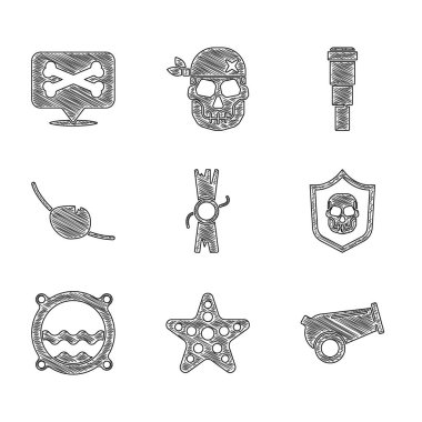 Set Decree, parchment, scroll, Starfish, Cannon, Shield with pirate skull, Ship porthole seascape, Pirate eye patch, Spyglass telescope lens and Location icon. Vector