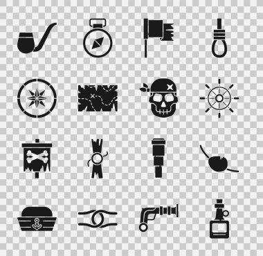 Set Alcohol drink Rum, Pirate eye patch, Ship steering wheel, flag, treasure map, Compass, Smoking pipe and Skull icon. Vector