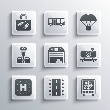 Set Airport runway, Radar with targets on monitor, Fuel tanker truck, Aircraft hangar, Helicopter landing pad, Pilot, Suitcase and Box flying parachute icon. Vector