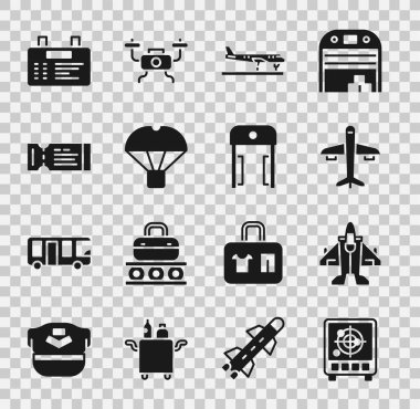 Set Radar with targets on monitor, Jet fighter, Plane, Box flying parachute, Airline ticket, Airport board and Metal detector airport icon. Vector