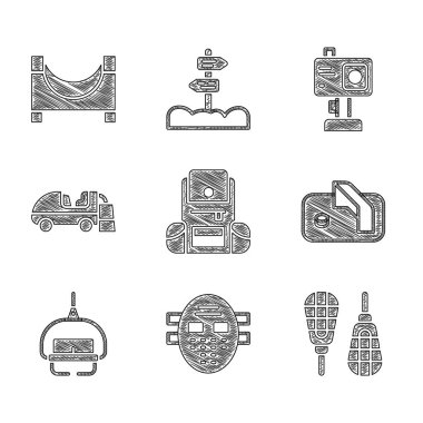 Set Hiking backpack, Hockey mask, Snowshoes, Ice hockey goal, Ski lift, resurfacer, Action camera and Skate park icon. Vector