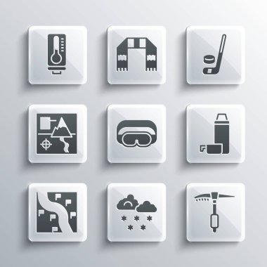 Set Cloud with snow, Ice axe, Thermos container, Ski goggles, Route location, Folded map, Meteorology thermometer and hockey stick and puck icon. Vector