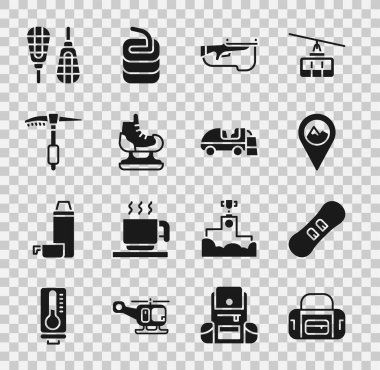 Set Sport bag, Snowboard, Location with mountain, Biathlon rifle, Skates, Ice axe, Snowshoes and resurfacer icon. Vector
