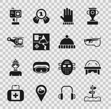 Set Road traffic signpost, Hockey helmet, Biathlon rifle, Christmas mitten, Folded map, Rescue helicopter, Action camera and Winter hat icon. Vector