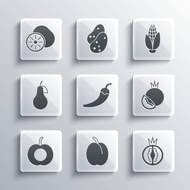 Set Plum fruit, Tomato, Hot chili pepper pod, Peach, Pear, Kiwi and Corn icon. Vector