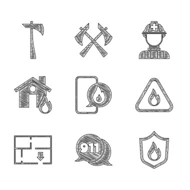 Set Phone with emergency call 911, Telephone, Fire protection shield, flame in triangle, Evacuation plan, burning house, Firefighter and axe icon. Vector