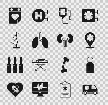 Acil durum arabası, göz damlası şişesi, çapraz hastaneli konum, serum, akciğerler, mikroskop, doktor randevusu ve insan böbrekleri ikonu. Vektör