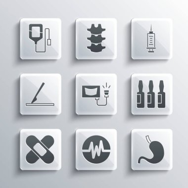 Kalp atış hızı, insan midesi, tıbbi şişesi, ampul, ultrason çapraz bandaj, cerrahi neşter, serum torbası ve şırınga ikonu. Vektör