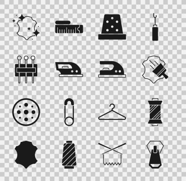 Fermuar, dikiş ipliği, deri, dikiş dikmek için yüksük, elektrikli demir, iğne ve ikon. Vektör