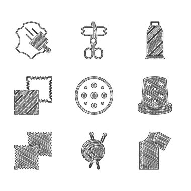 Dikiş düğmesi, örgü iğneli iplik topu, şablon dikiş için yüksük, kumaş rulo, iplik makarası ve deri ikonu. Vektör