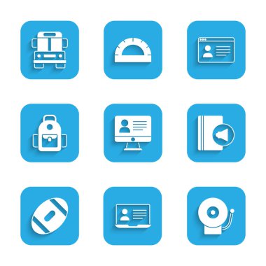 Çevrimiçi sınıf, zil sesi, sesli kitap, Amerikan futbolu, okul çantası ve otobüs ikonu. Vektör