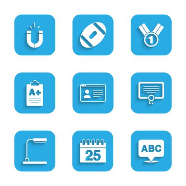 Çevrimiçi sınıf, Takvim, Alfabe, Sertifika şablonu, Tablo lambası, Sınav kağıdını artı not, Madalya ve Manyetik simgeyle ayarla. Vektör