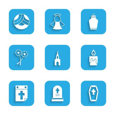 Kilise Binası, Mezar Taşı, Tabut Haçı, Yanan Mum, Takvim Ölümü, Çiçek, Cenaze ve Anma Çelengi ikonu. Vektör