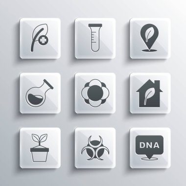 Biyolojik tehlike sembolü, DNA, çevre dostu ev, molekül, saksıda bitki, tüp ve matara, Yaprak veya Yaprak ve Yaprak ikonlu Konum. Vektör