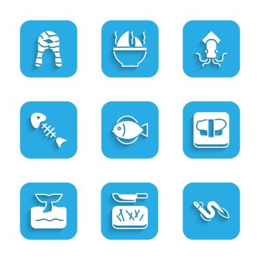 Fish, kesme tahtası ve bıçak, yılan balığı, kesme suşisi, balina kuyruğu okyanus dalgası, iskelet, ahtapot ve biftek ikonu. Vektör