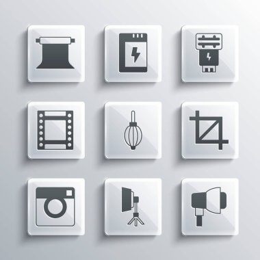 Softbox light, Resim Ekin Fotoğrafı, Toz üfleyici, Fotoğraf Makinesi, Kamera rulo kartuşu, Boş Stüdyo ve Flash ikonu ayarla. Vektör