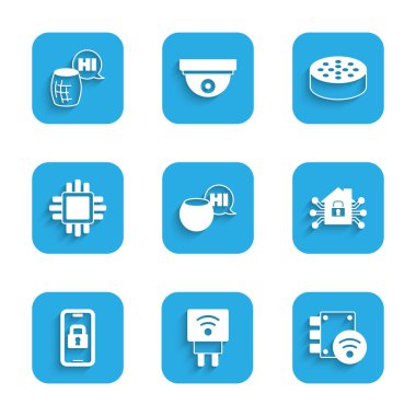 Ses asistanı, akıllı elektrik prizi, dijital kapı kilidi, ev işlemcisi, su sensörü ve simgesi olan işlemci ayarla. Vektör
