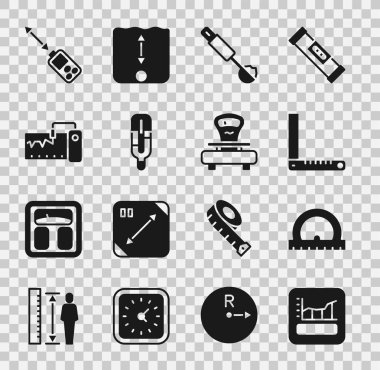 Grafik, çizelge, grafik, diyagram, açıölçer, köşe cetvel, ölçüm kaşığı, tıbbi termometre, enstrüman, lazer mesafe ölçer ve ölçek simgesini ayarla. Vektör