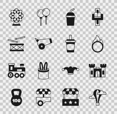 Sıcak hava balonu, Castle, Circus ateş çemberi, su dolu kağıt bardak, top, davul bagetleri, dönme dolap ve ikon. Vektör