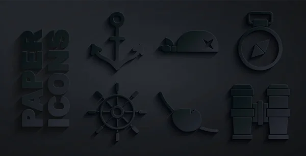 Встановіть патч для очей Pirate, Compass, Корабельне кермо, Binoculars, Bandana для голови та значок Якір. Векторні — стоковий вектор