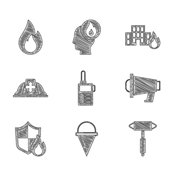 Set Walkie talkie, Fire cone bucket, Firefighter axe, Megaphone, protection shield, helmet, in burning buildings and flame icon. Vector — Stock vektor