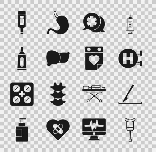 Set Crutch or crutches, Medical surgery scalpel, Hospital signboard, Dialogue with the doctor, Human organ liver, Ointment cream tube medicine, Digital thermometer and Doctor appointment icon. Vector — Stockvector
