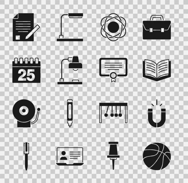 Set Basketball, Magnet, Buch aufschlagen, Atom, Tischlampe, Kalender, Prüfungsbogen und Bleistift und Zertifikatsvorlage Symbol. Vektor — Stockvektor