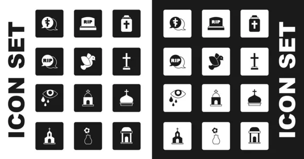 Set Funeral urn, Dove, Speech bubble rip death, Grave with cross, Tombstone RIP 작성 , Church tower and Tear cry eye icon. Vector — 스톡 벡터