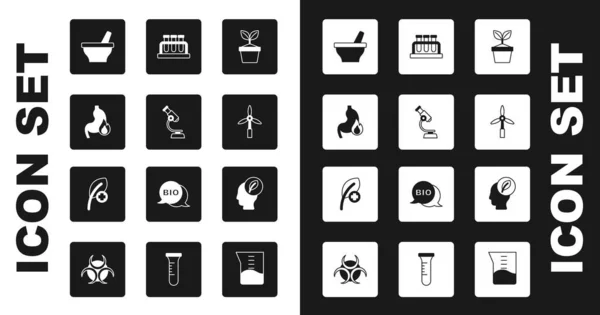 Set Plant in pot, Microscope, Stomach heartburn, Mortar and pestle, Wind turbine, Test tube flask, Human head with leaf inside and Leaf leaves icon. Vector — Διανυσματικό Αρχείο