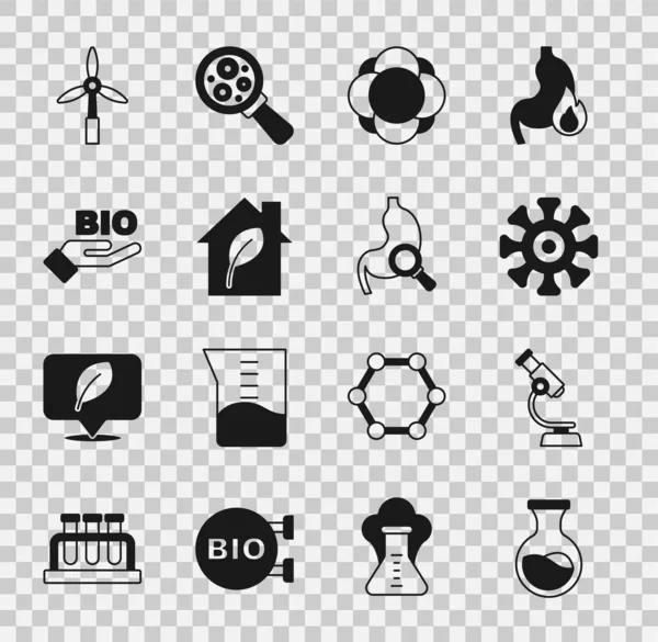 Set Test tube and flask, Microscope, Bacteria, Molecule, Eco friendly house, Bio healthy food, Wind turbine and Stomach with magnifying glass icon. Vector — Stock vektor