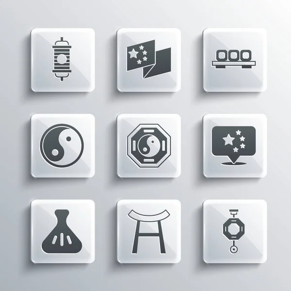 Set Japan Gate, Chinese paper lantern, China flag, Yin Yang, Dumpling, and Sushi on cutting board icon. Vector — 스톡 벡터