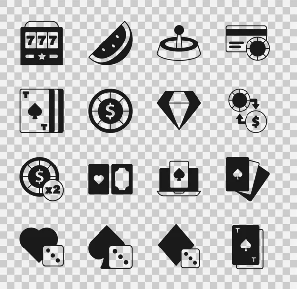 Set Playing card with spades, Deck of playing cards, Casino chips exchange on money, roulette wheel, Slot machine jackpot and Diamond icon. Vector — Stockvector