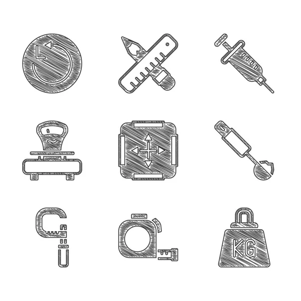 Set Area measurement, Roulette construction, Weight, Measuring spoon, Micrometer, Scales, Syringe and Radius icon. Vector — Stock Vector