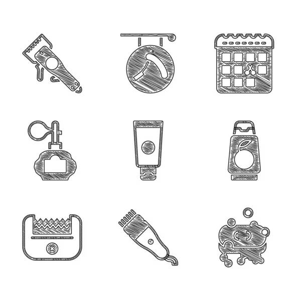 Set Cream cosmetic tube, Electrical hair clipper, Bar of soap with foam, Bottle shampoo, Aftershave, Calendar haircut day and icon. Vector — Stock Vector