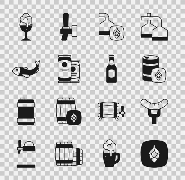 集啤酒花、香肠于叉子、金属啤酒桶、啤酒酿造工艺、罐头、干鱼、玻璃杯及瓶子图标为一体。B.病媒 — 图库矢量图片