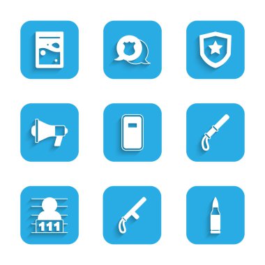 Polis saldırı kalkanı, plastik cop, mermi, şüpheli suçlu, megafon, rozet ve plastik torba dolusu uyuşturucu ikonu. Vektör