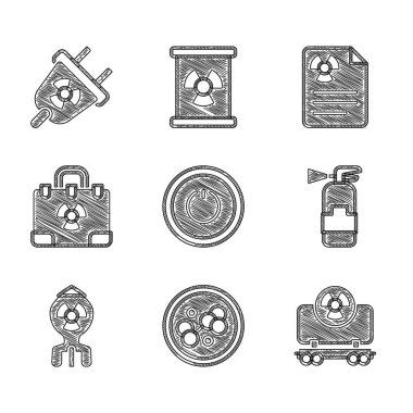 Güç düğmesi, molekül, radyoaktif kargo treni, yangın söndürücü, nükleer bomba, radyasyon nükleer valizi, uyarı belgesi ve elektrik prizi ikonu. Vektör