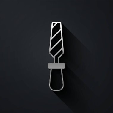 Siyah arkaplanda gümüş Rasp metal dosya simgesi izole edildi. Ahşap ve metalle çalışmak için Rasp. Tezgah ve atölye için alet. Uzun gölge tarzı. Vektör