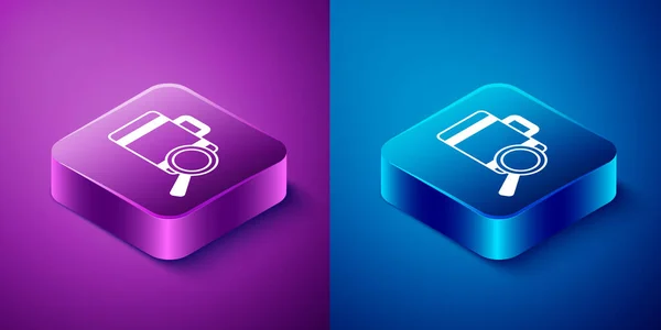 Isometric Airline service of finding lost baggage icon isolated on blue and purple background. Search luggage. Square button. Vector — Stock Vector