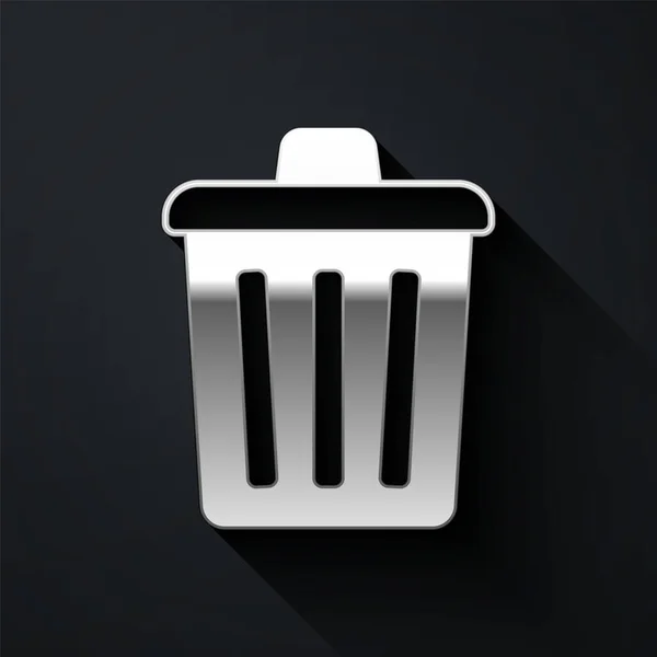 Silver Trash can icon isolated on black background. Garbage bin sign. Recycle basket icon. Office trash icon. Long shadow style. Vector — Stock Vector