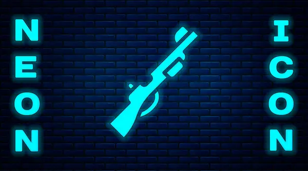 Icono de pistola de caza de neón brillante aislado en el fondo de la pared de ladrillo. Escopeta de caza. Vector — Archivo Imágenes Vectoriales