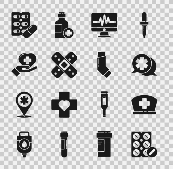 Set Pillen in blisterverpakking, Verpleegkundige hoed met kruis, Dialoog met de arts, Monitor cardiogram, gekruiste pleister, Hart, en Inhaler pictogram. Vector — Stockvector