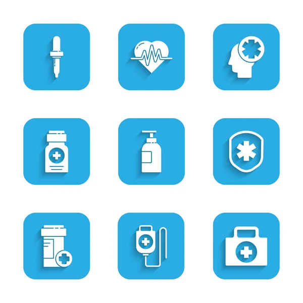 Set Hand dezinfekční láhev, IV sáček, lékárnička, Lékařský štít s křížem, Medicína, mužská hlava nemocnice a Pipette ikona. Vektor — Stockový vektor