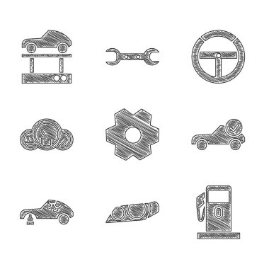 Gear, Araba farları, Benzin İstasyonu, Otomotiv kontrol otomobili, Bozuk araba, Hız göstergesi, Direksiyon ve Tamir asansörü ikonu. Vektör