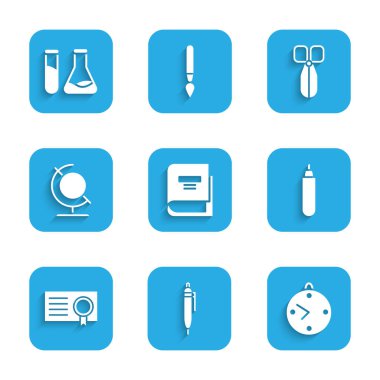 Kitap, kalem, kalem, kalem, sertifika şablonu, toprak küresi, makas, tüp ve matara ayarlayın. Vektör