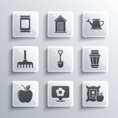 Çiçekli konum, çuvalda elma, bahçe lambası, kürek, tırmık, gübre torbası ve su kutusu ikonu. Vektör